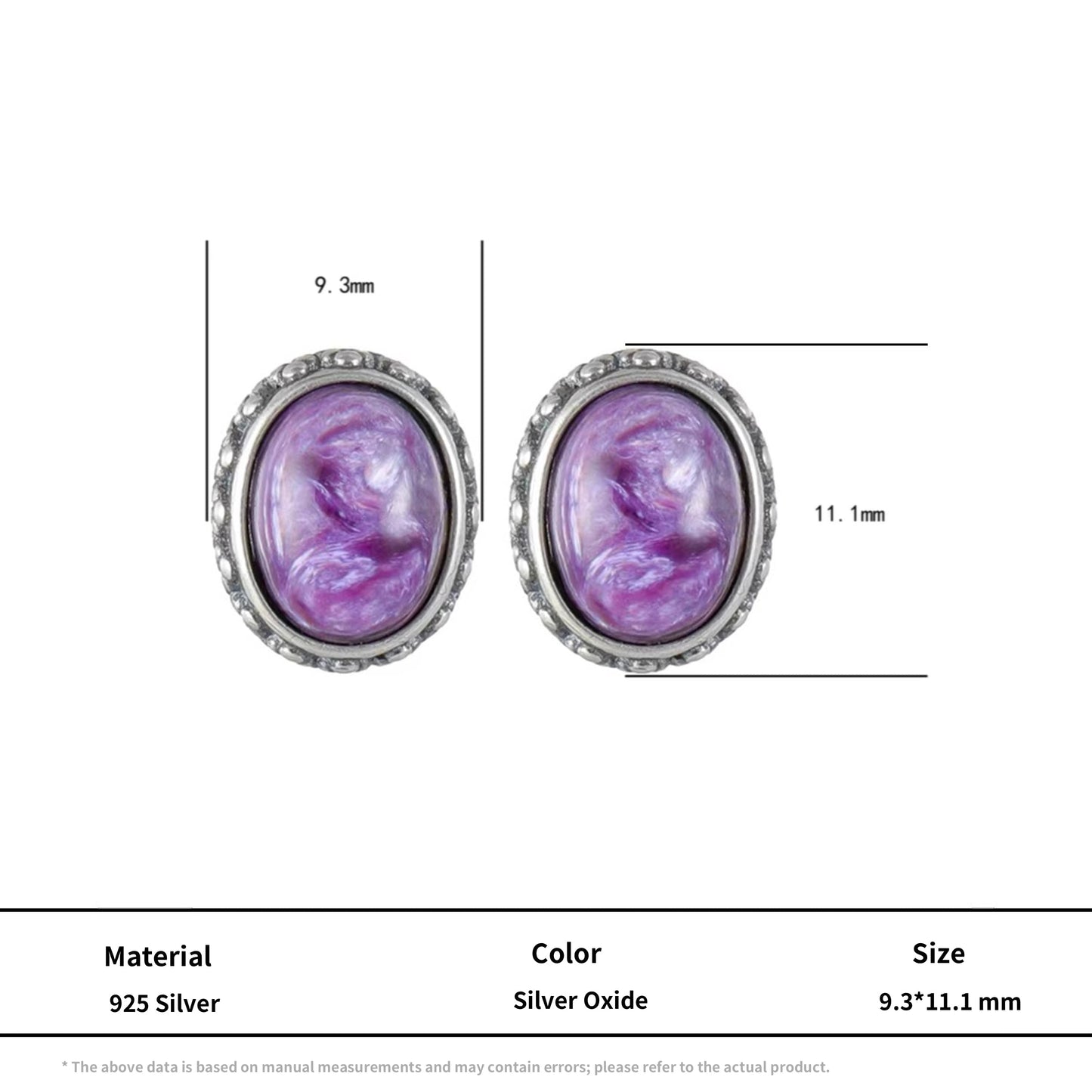 S925 Silver Natural Amethyst Studs Vintage Oval Unisex Earrings
