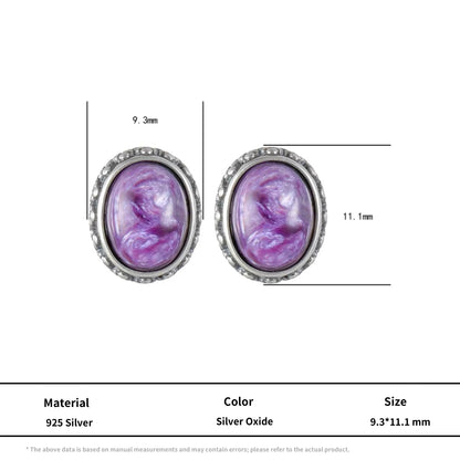 S925 Silver Natural Amethyst Studs Vintage Oval Unisex Earrings
