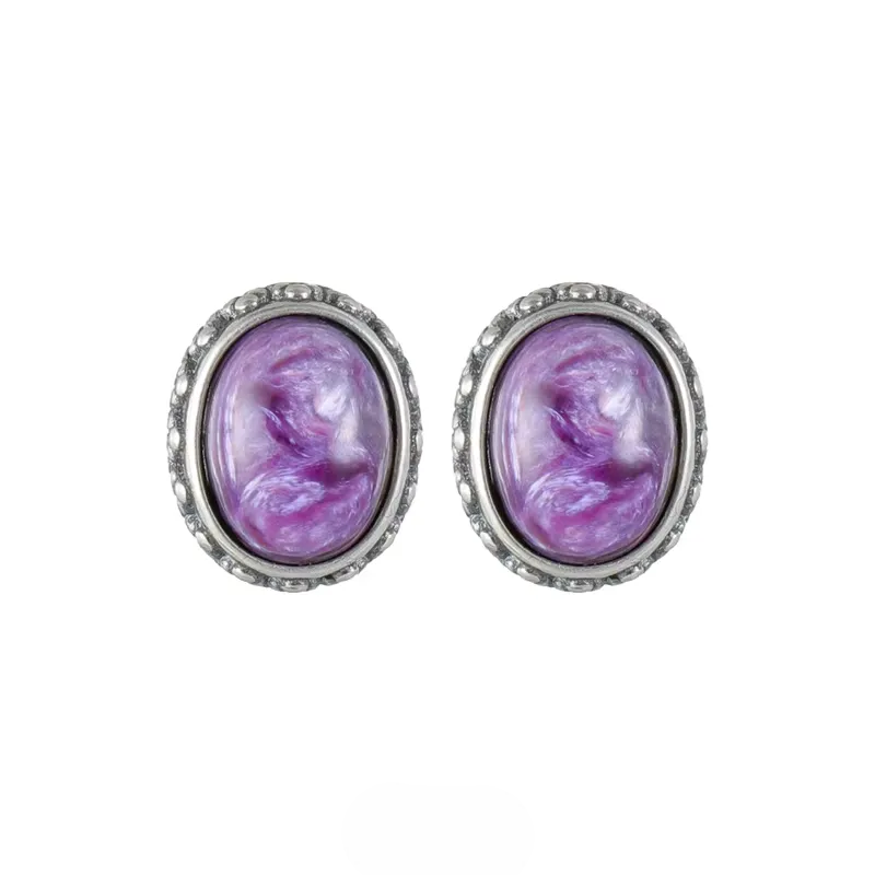 S925 Silver Natural Amethyst Studs Vintage Oval Unisex Earrings