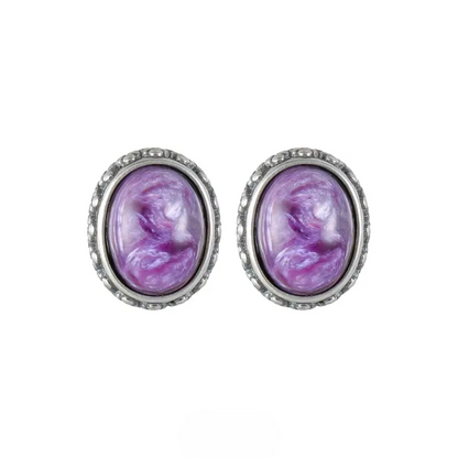 S925 Silver Natural Amethyst Studs Vintage Oval Unisex Earrings