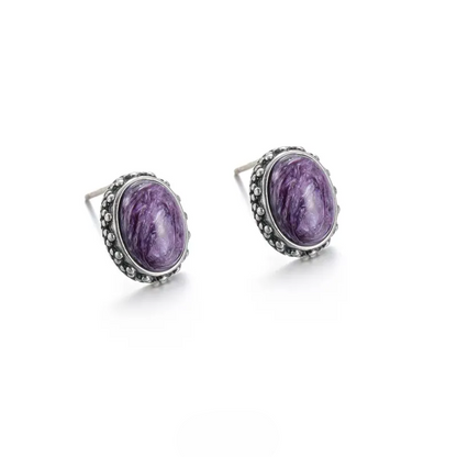 S925 Silver Natural Amethyst Studs Vintage Oval Unisex Earrings