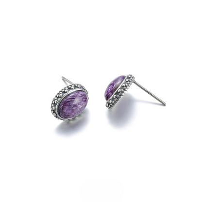 S925 Silver Natural Amethyst Studs Vintage Oval Unisex Earrings