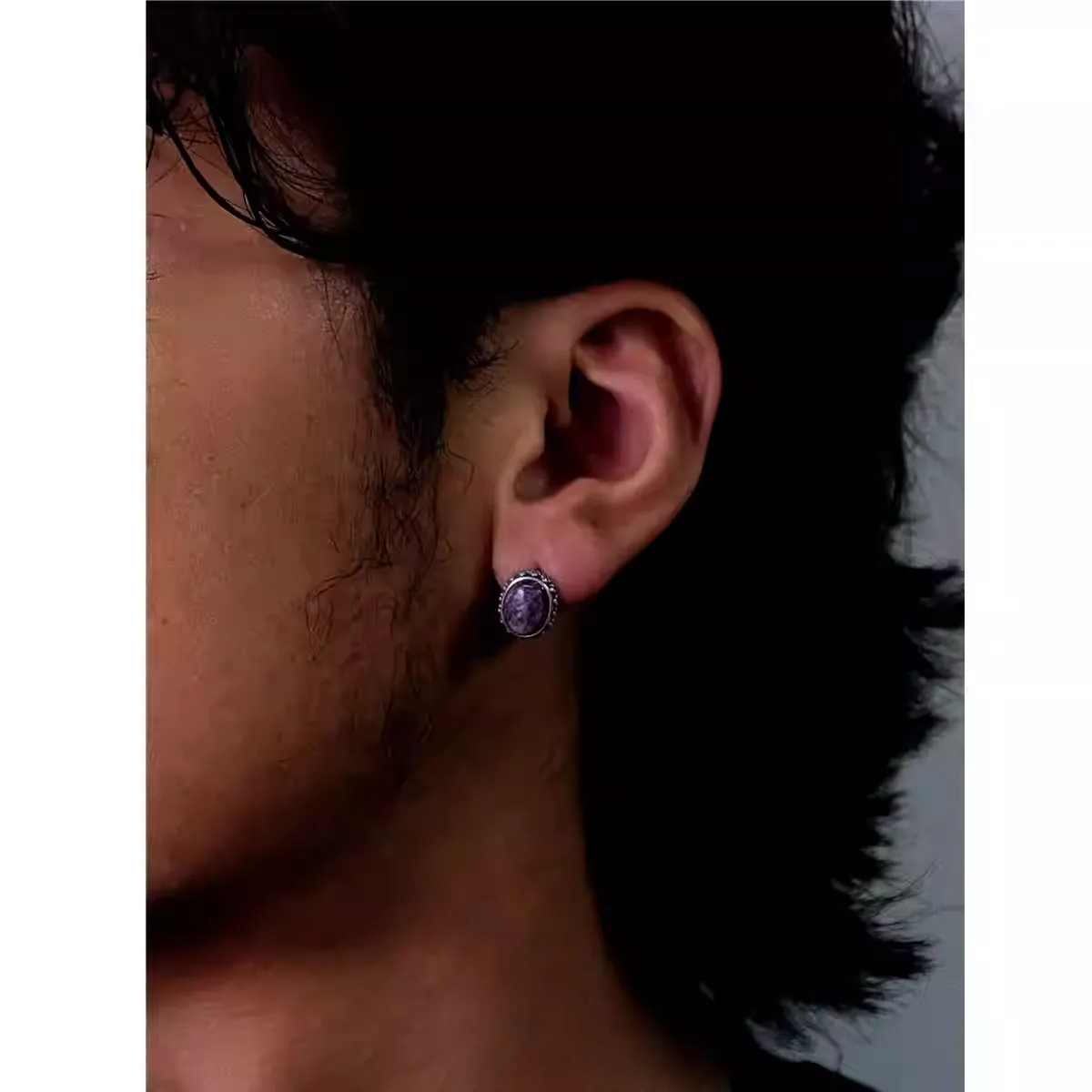 S925 Silver Natural Amethyst Studs Vintage Oval Unisex Earrings