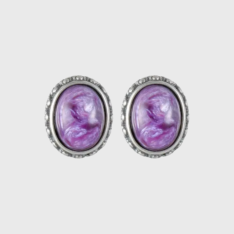 S925 Silver Natural Amethyst Studs Vintage Oval Unisex Earrings