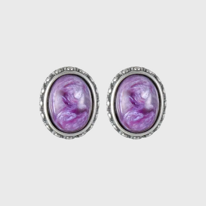 S925 Silver Natural Amethyst Studs Vintage Oval Unisex Earrings