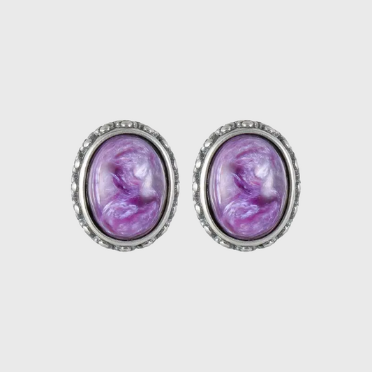 S925 Silver Natural Amethyst Studs Vintage Oval Unisex Earrings