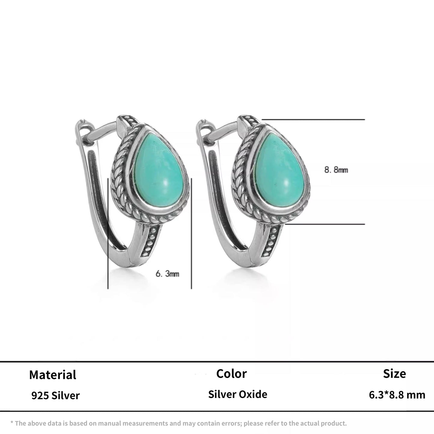 S925 Silver Natural Raw Turquoise Teardrop Huggies Unisex Hoops