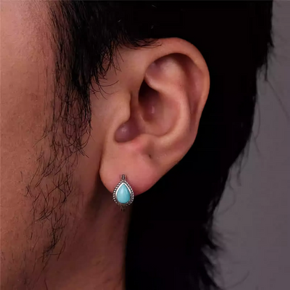 S925 Silver Natural Raw Turquoise Teardrop Huggies Unisex Hoops