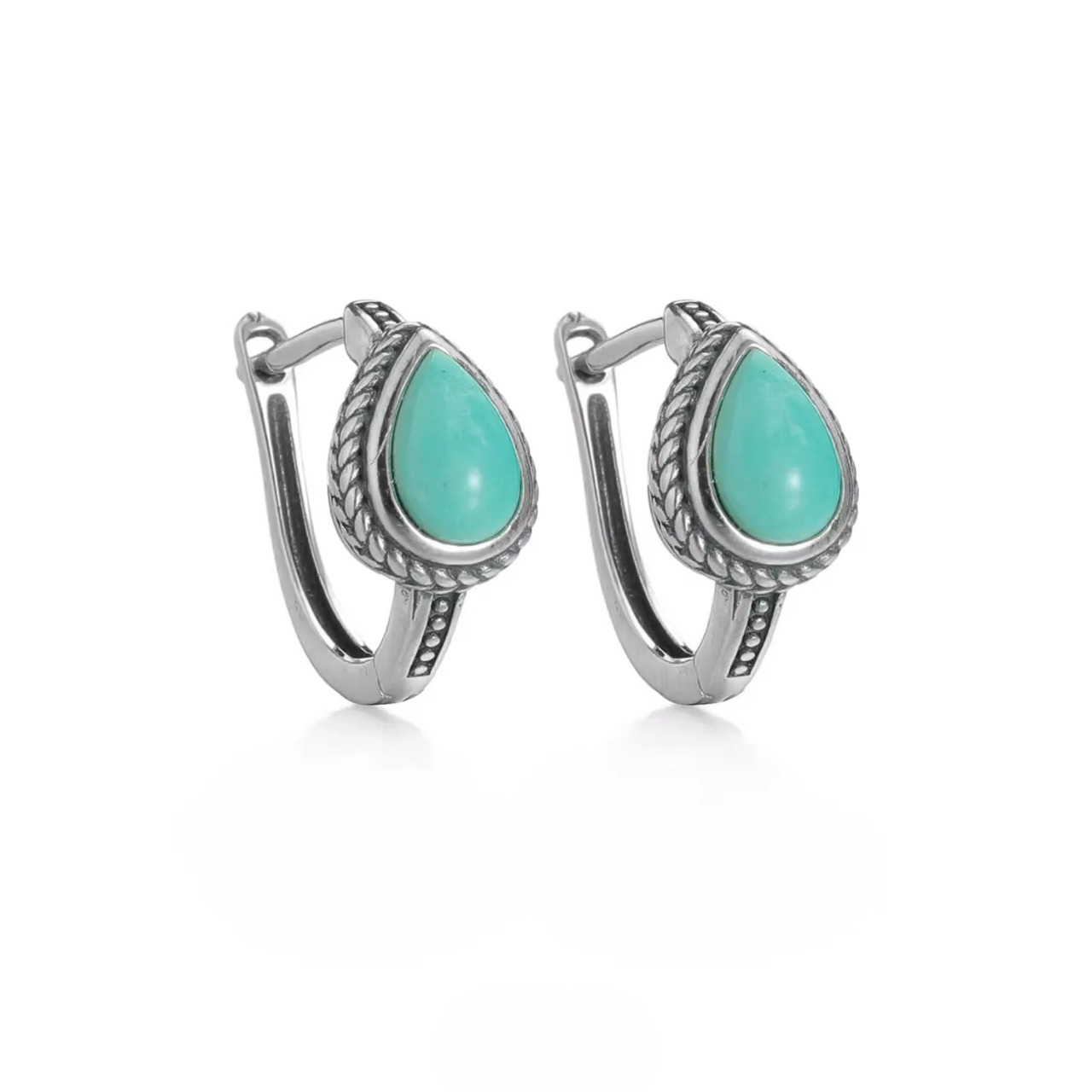 S925 Silver Natural Raw Turquoise Teardrop Huggies Unisex Hoops