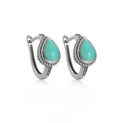 S925 Silver Natural Raw Turquoise Teardrop Huggies Unisex Hoops