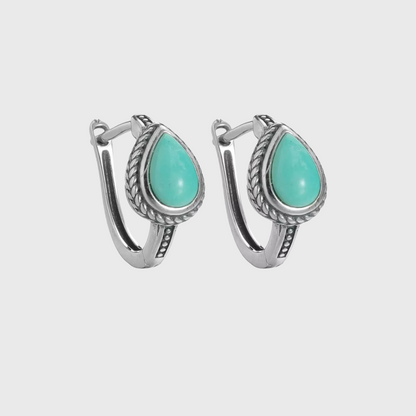 S925 Silver Natural Raw Turquoise Teardrop Huggies Unisex Hoops