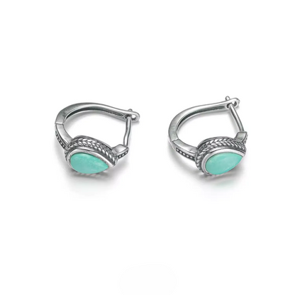 S925 Silver Natural Raw Turquoise Teardrop Huggies Unisex Hoops
