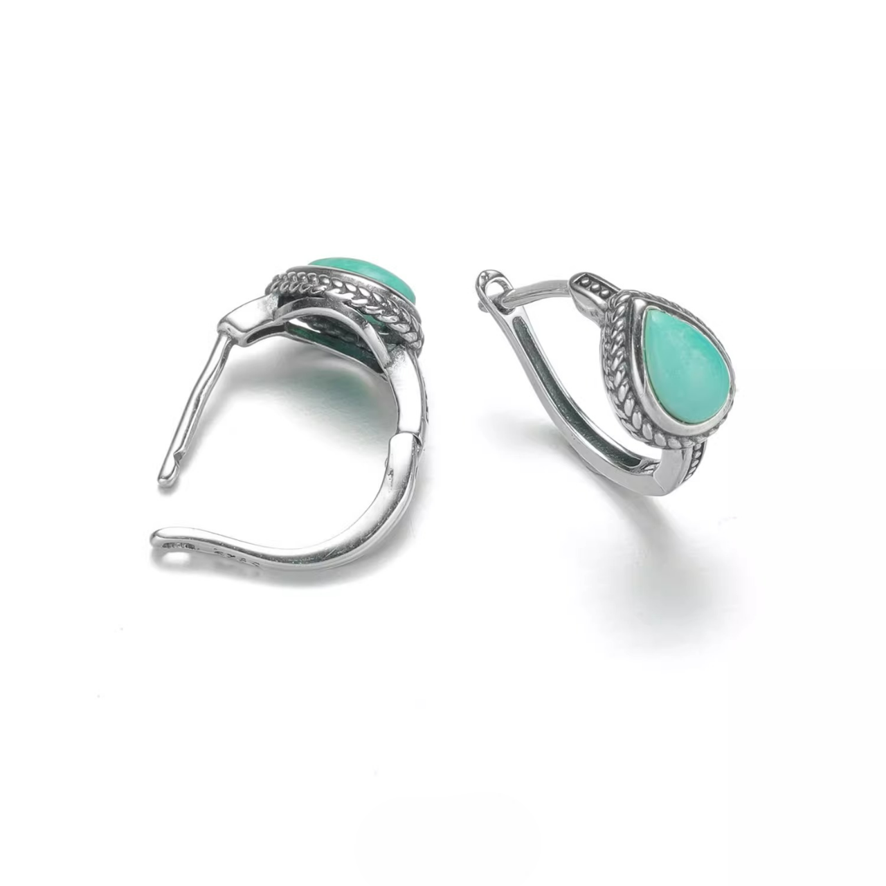 S925 Silver Natural Raw Turquoise Teardrop Huggies Unisex Hoops