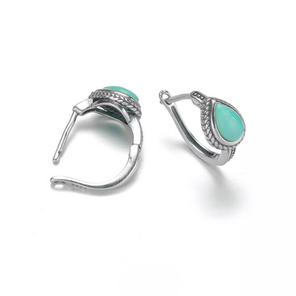 S925 Silver Natural Raw Turquoise Teardrop Huggies Unisex Hoops