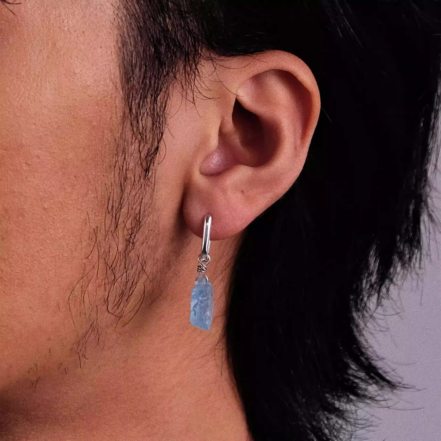 S925 Silver Raw Aquamarine Dangle Huggie Hoop Earrings