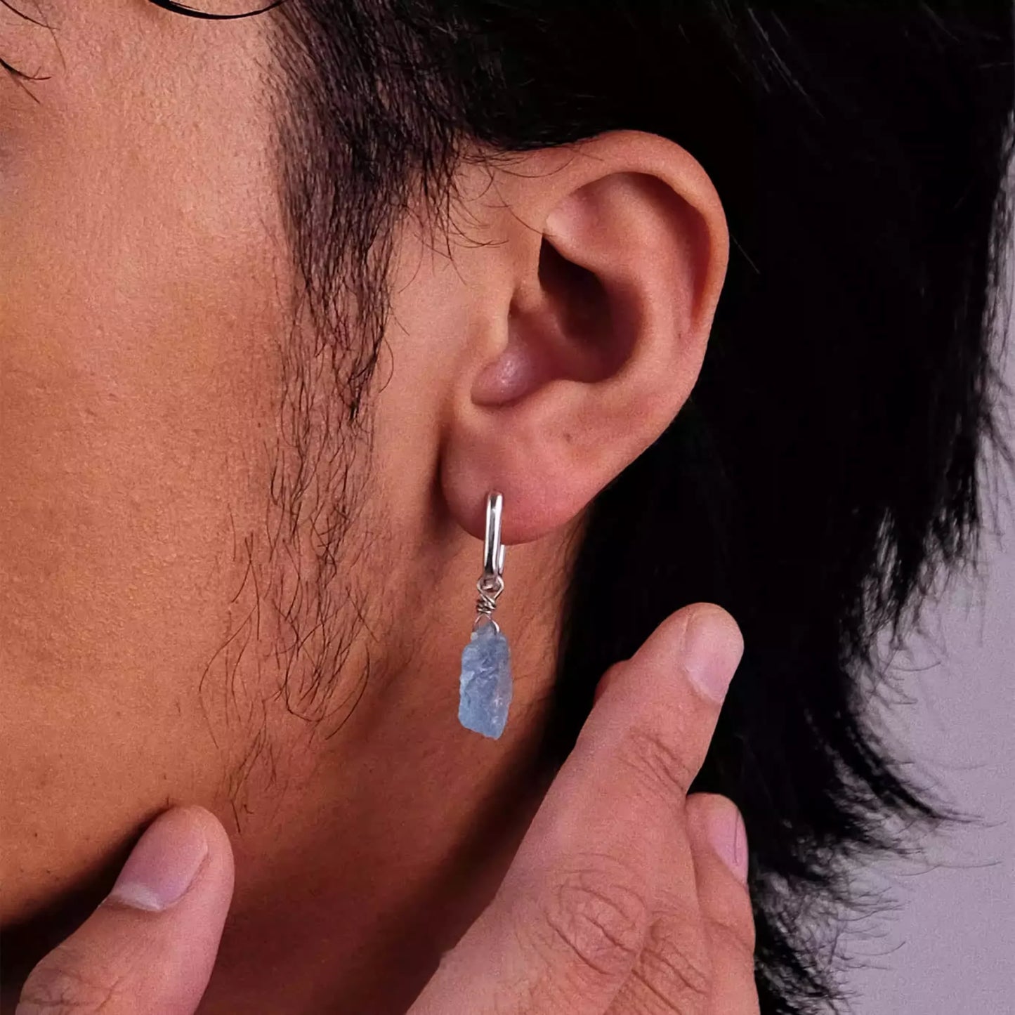 S925 Silver Raw Aquamarine Dangle Huggie Hoop Earrings