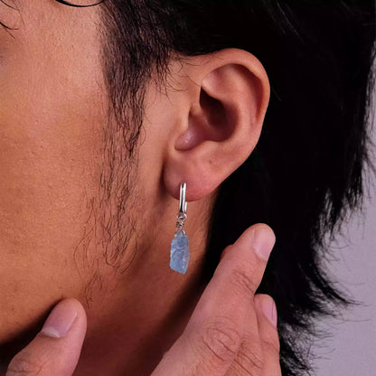 S925 Silver Raw Aquamarine Dangle Huggie Hoop Earrings