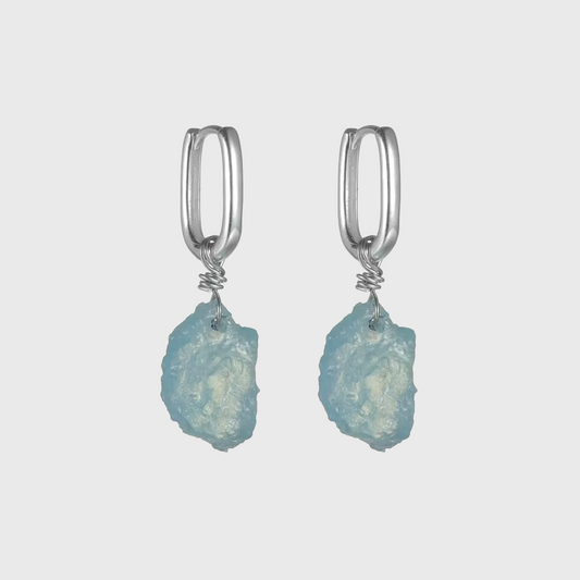 S925 Silver Raw Aquamarine Dangle Huggie Hoop Earrings