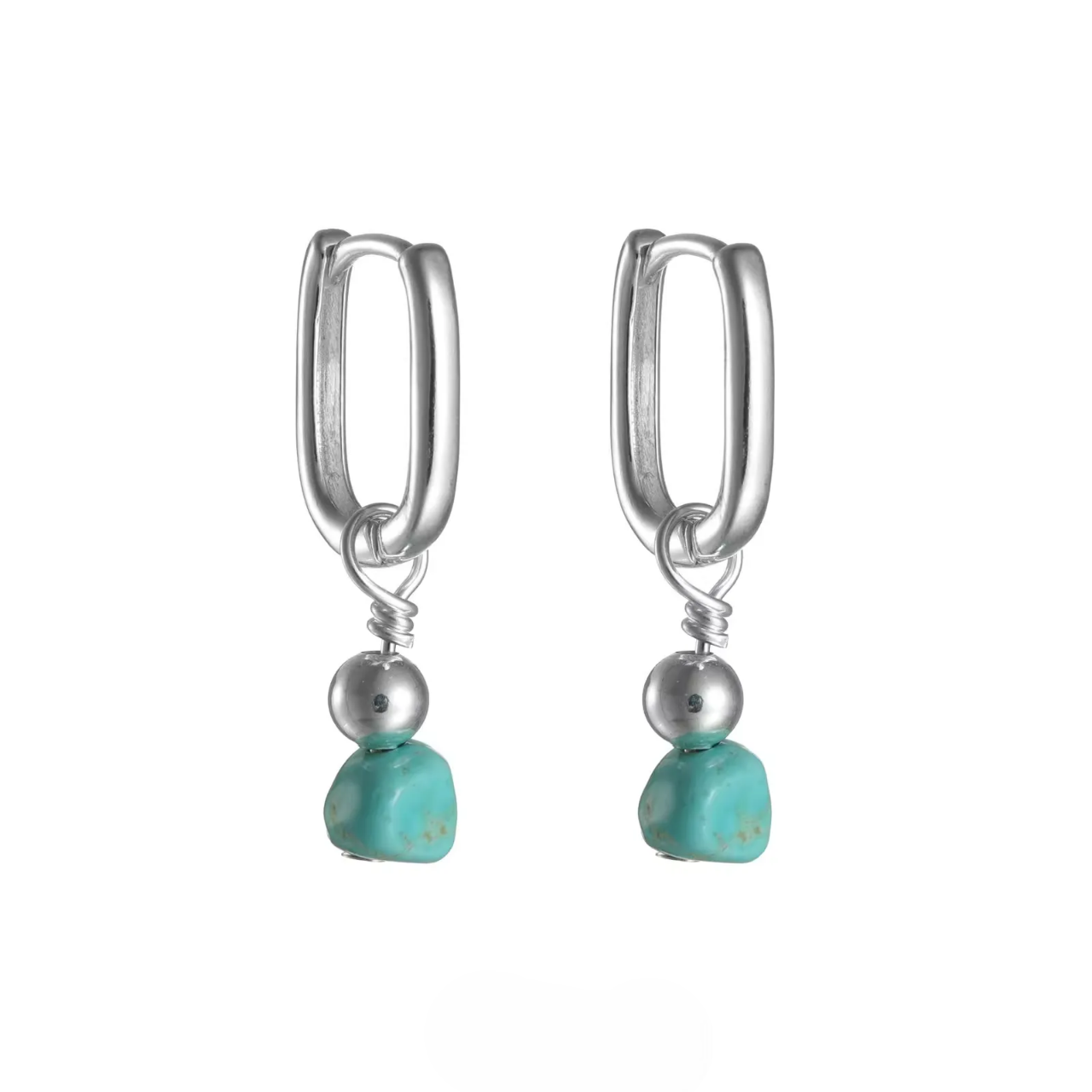 Pair of silver rectangular huggie earrings with vibrant turquoise nugget drops.