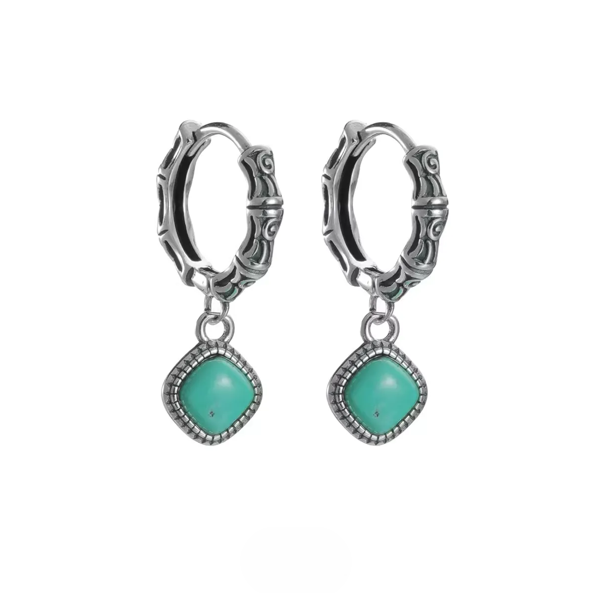 S925 Silver Raw Turquoise Slab Earrings Unisex Ethnic Huggie Hoops