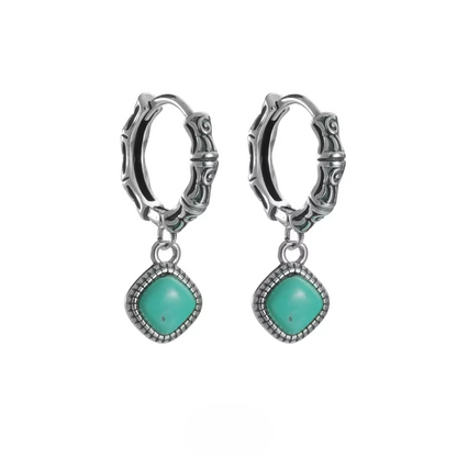 S925 Silver Raw Turquoise Slab Earrings Unisex Ethnic Huggie Hoops