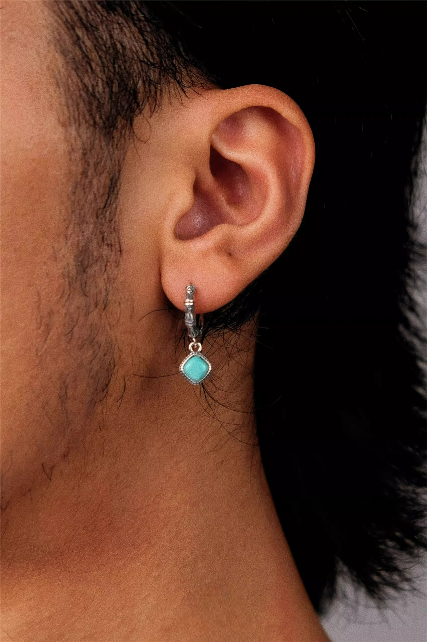 S925 Silver Raw Turquoise Slab Earrings Unisex Ethnic Huggie Hoops