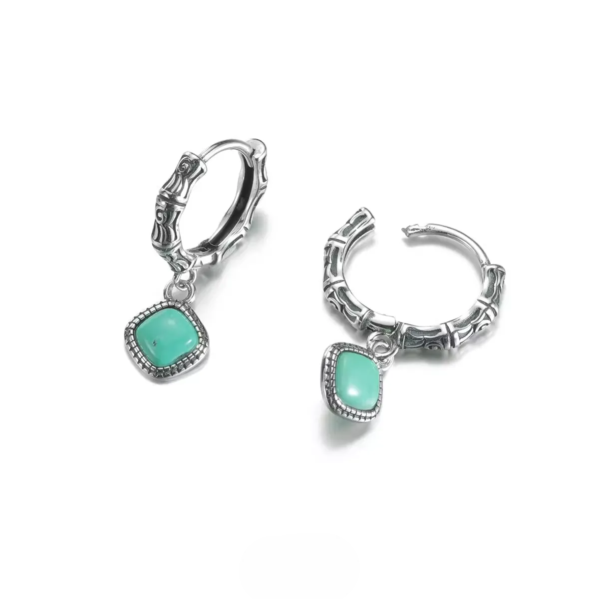 S925 Silver Raw Turquoise Slab Earrings Unisex Ethnic Huggie Hoops