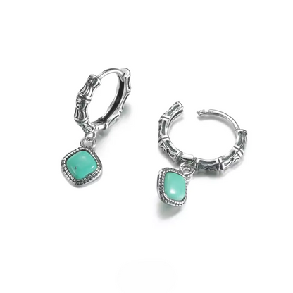 S925 Silver Raw Turquoise Slab Earrings Unisex Ethnic Huggie Hoops