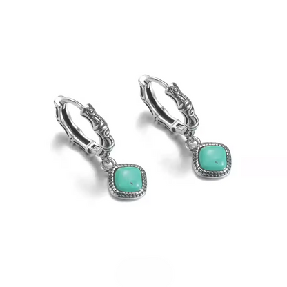 S925 Silver Raw Turquoise Slab Earrings Unisex Ethnic Huggie Hoops