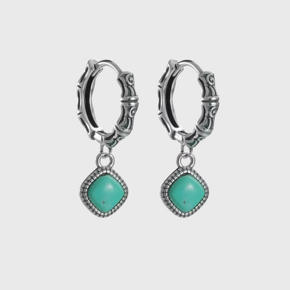 S925 Silver Raw Turquoise Slab Earrings Unisex Ethnic Huggie Hoops