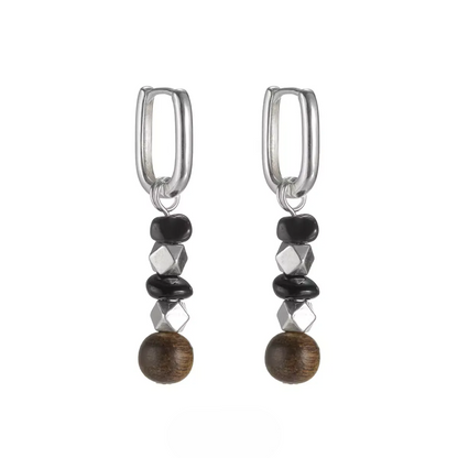 S925 Silver Rectangular Hoop Earrings with Obsidian & Wood Beads