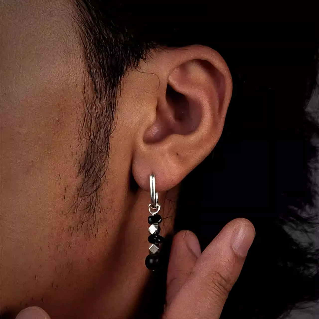 S925 Silver Rectangular Hoop Earrings with Obsidian & Wood Beads