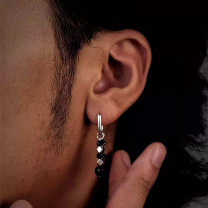S925 Silver Rectangular Hoop Earrings with Obsidian & Wood Beads