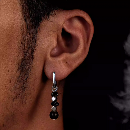 S925 Silver Rectangular Hoop Earrings with Obsidian & Wood Beads
