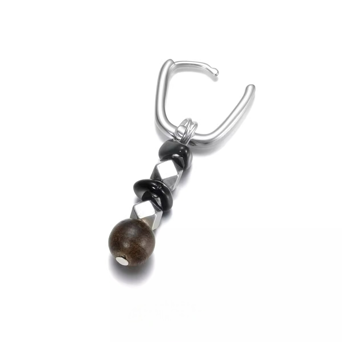 S925 Silver Rectangular Hoop Earrings with Obsidian & Wood Beads