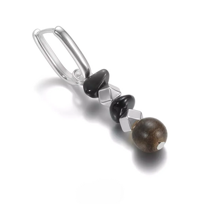 S925 Silver Rectangular Hoop Earrings with Obsidian & Wood Beads