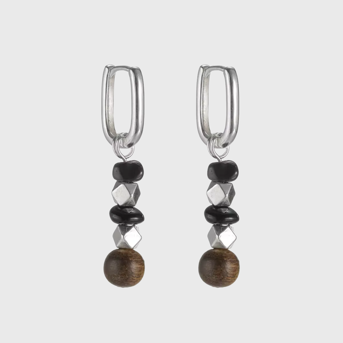 S925 Silver Rectangular Hoop Earrings with Obsidian & Wood Beads