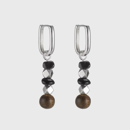 S925 Silver Rectangular Hoop Earrings with Obsidian & Wood Beads