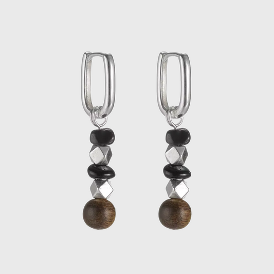 S925 Silver Rectangular Hoop Earrings with Obsidian & Wood Beads