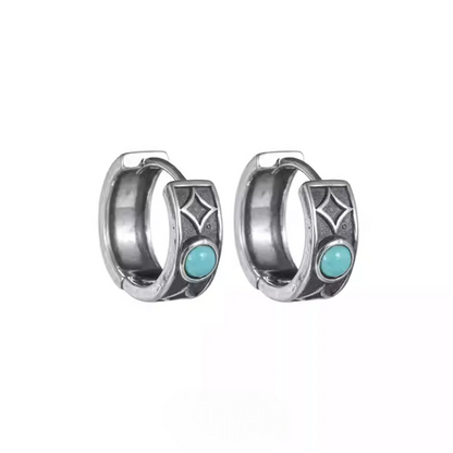 S925 Silver Star Engraved Turquoise Huggies Vintage Wide Band Hoops