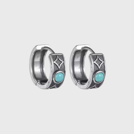 S925 Silver Star Engraved Turquoise Huggies Vintage Wide Band Hoops