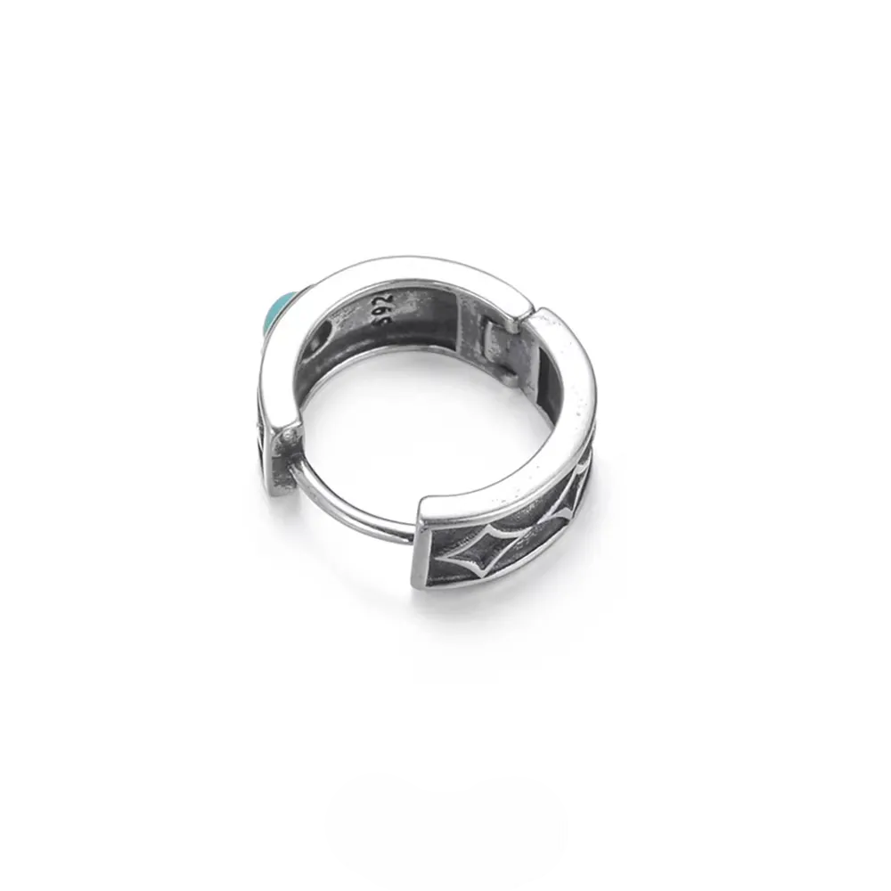 S925 Silver Star Engraved Turquoise Huggies Vintage Wide Band Hoops