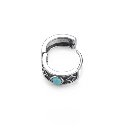 S925 Silver Star Engraved Turquoise Huggies Vintage Wide Band Hoops