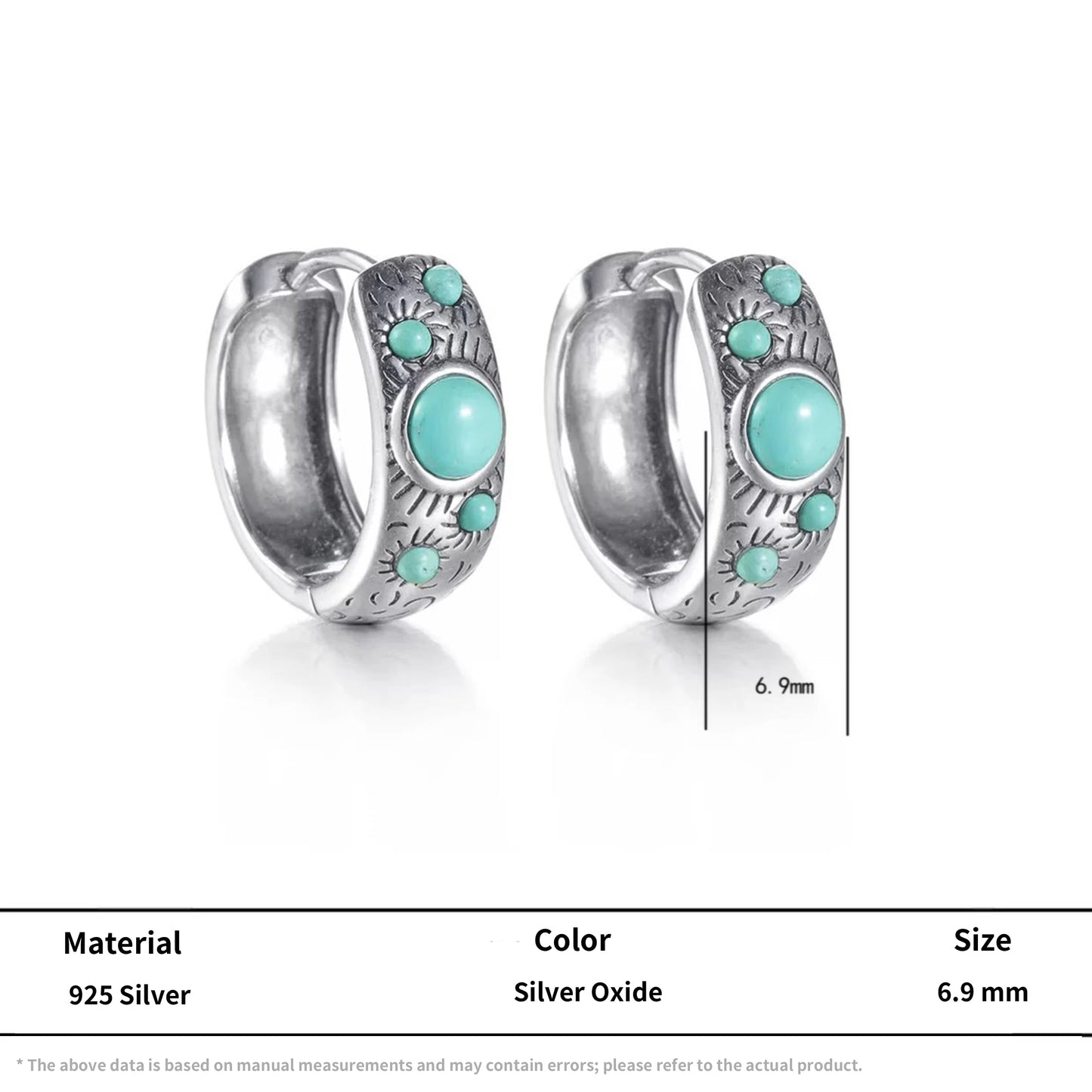 S925 Silver Sunburst Turquoise Huggie Hoops Tibetan Wide Band