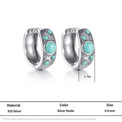 S925 Silver Sunburst Turquoise Huggie Hoops Tibetan Wide Band