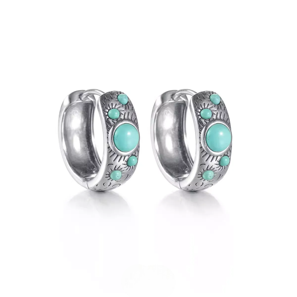 S925 Silver Sunburst Turquoise Huggie Hoops Tibetan Wide Band
