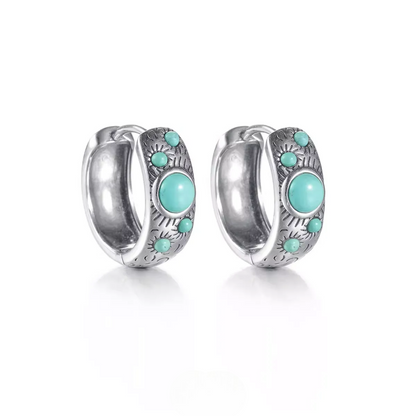 S925 Silver Sunburst Turquoise Huggie Hoops Tibetan Wide Band