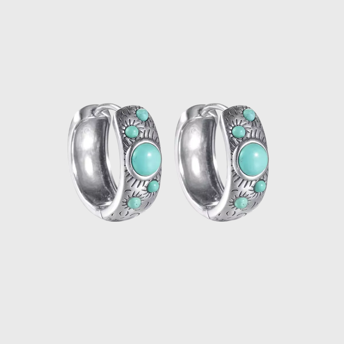 S925 Silver Sunburst Turquoise Huggie Hoops Tibetan Wide Band