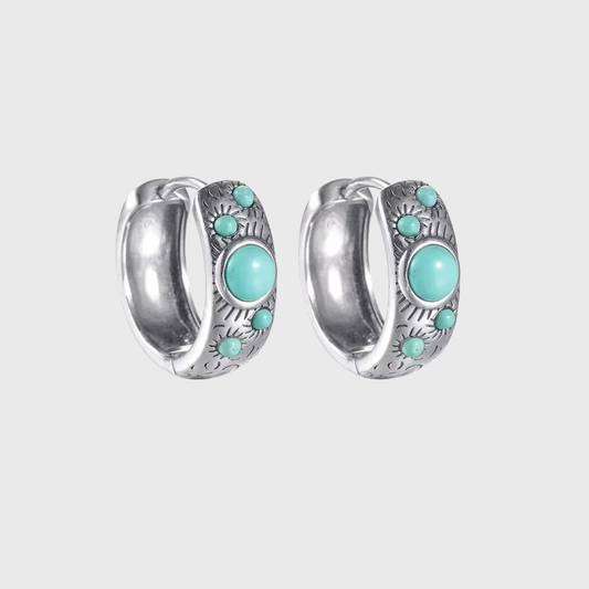 S925 Silver Sunburst Turquoise Huggie Hoops Tibetan Wide Band
