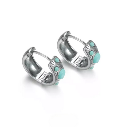 S925 Silver Sunburst Turquoise Huggie Hoops Tibetan Wide Band